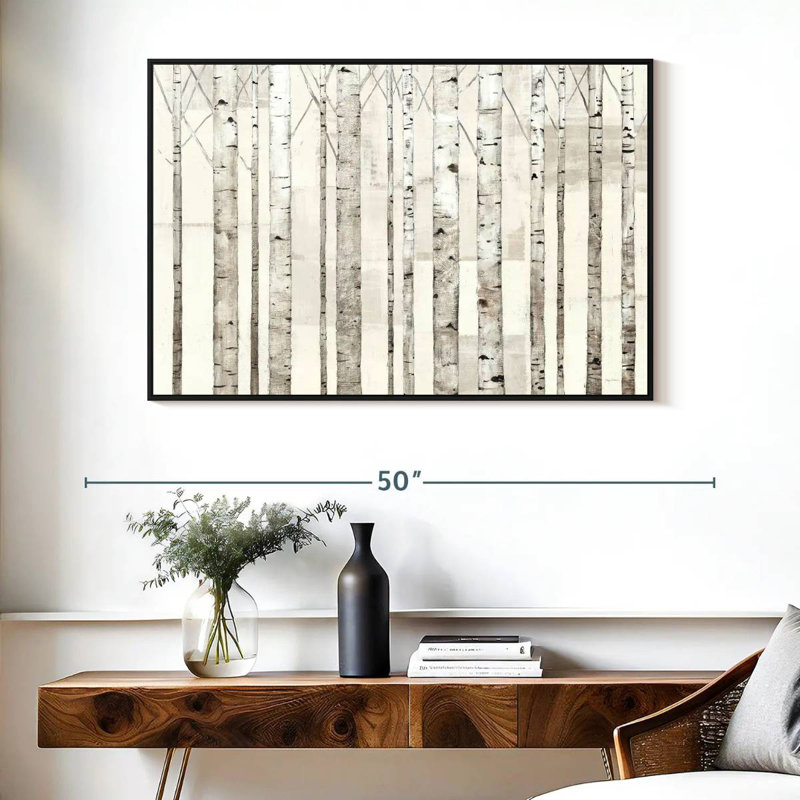 Birch Trees On White, Floating Frame Black, 40" X 27"