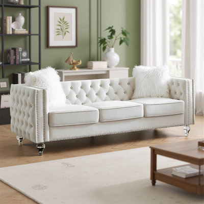 Canapé Chesterfield en velours, canapé capitonné 3 places avec 2 coussins et pieds en cristal, canapé de salon ou d'appartement classique