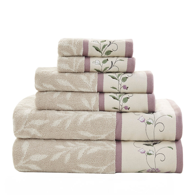 Embroidered Cotton Jacquard 6 Piece Towel Set, Purple