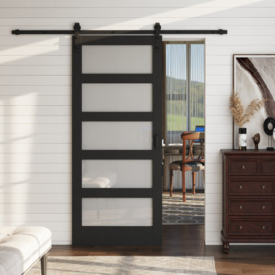 80"H x 24"W 5-Lite Tempered Frosted Glass Black Primed Sliding Barn Door Installation Hardware Kit Soft Close No Assemble Required (1 Door)