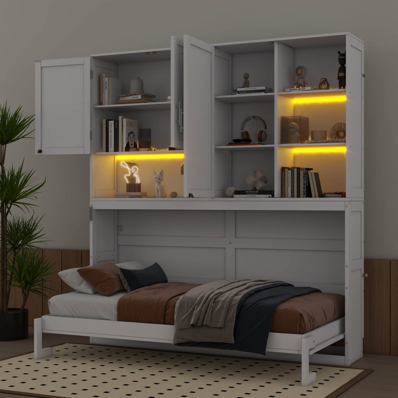 Lit simple escamotable mural simple avec armoire supérieure, supports, lit pliant peu encombrant avec éclairage et port USB