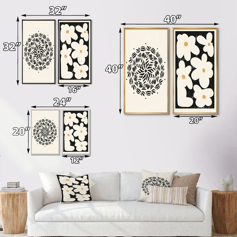 Minimal Retro Flowers I - ensemble de 2 impressions, H 32 po x l 32 po x P 1 po, Toile avec cadre blanc