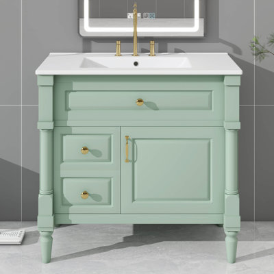 Meuble-lavabo 36 po, lavabo en céramique, tiroir rabattable, tablette réglable et fabrication en bois d'hévéa / panneau de fibres à densité moyenne avec poignées en métal