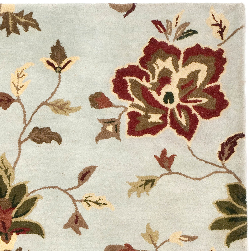 Handmade Light Blue Floral Wool 5' x 8' Area Rug