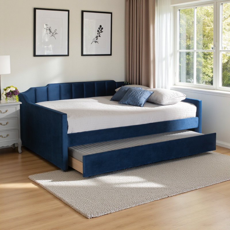 Marlee Modern Full Size Velvet Fabric Daybed in Blue, 34.71'' H X 81.50'' L X 57.72'' W  , Blue, Full