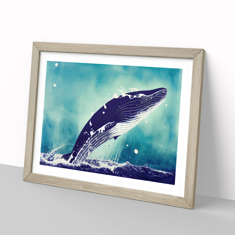 XH1022-10129X Whale Paint Splatter 1 Piece Single Picture Frame Wall Art, 46cm H x 64cm W x 2cm D, Oak Framed
