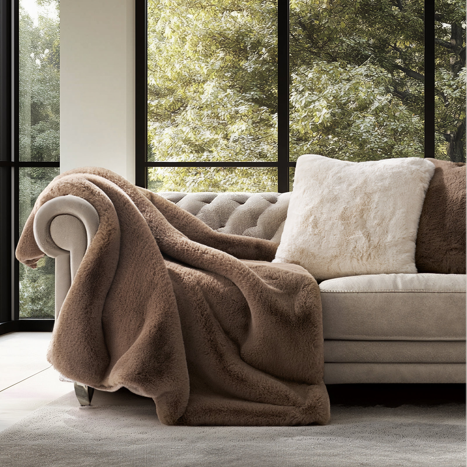 Chinchilla Faux Fur Throw Blanket, 60" L x 50" W, Tawny Mink