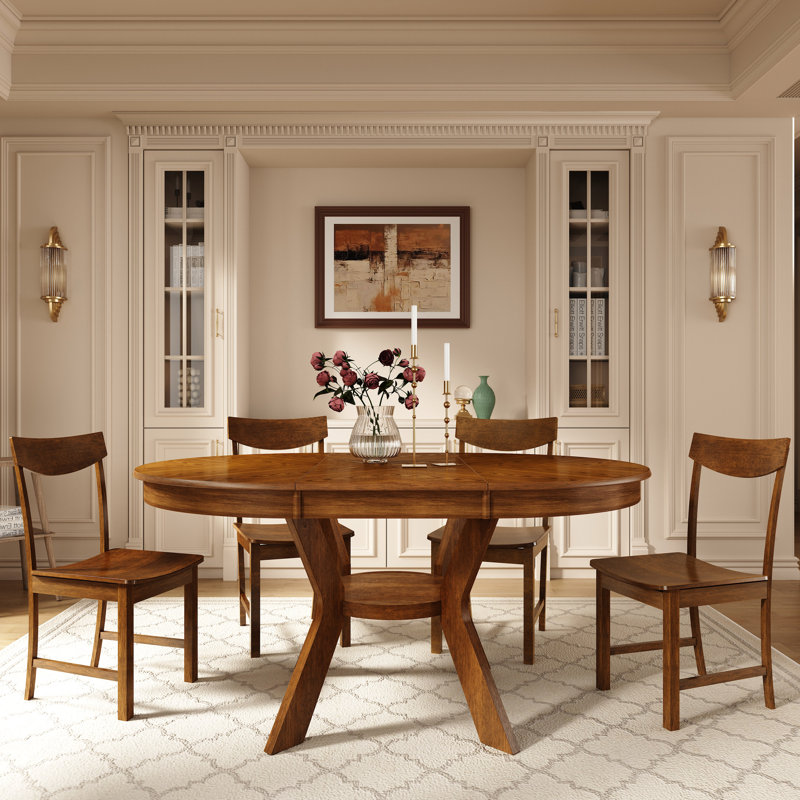 Round 43.7 To 59-Inch Extendable Solid Wood Dining Table Set For 4-6 Person