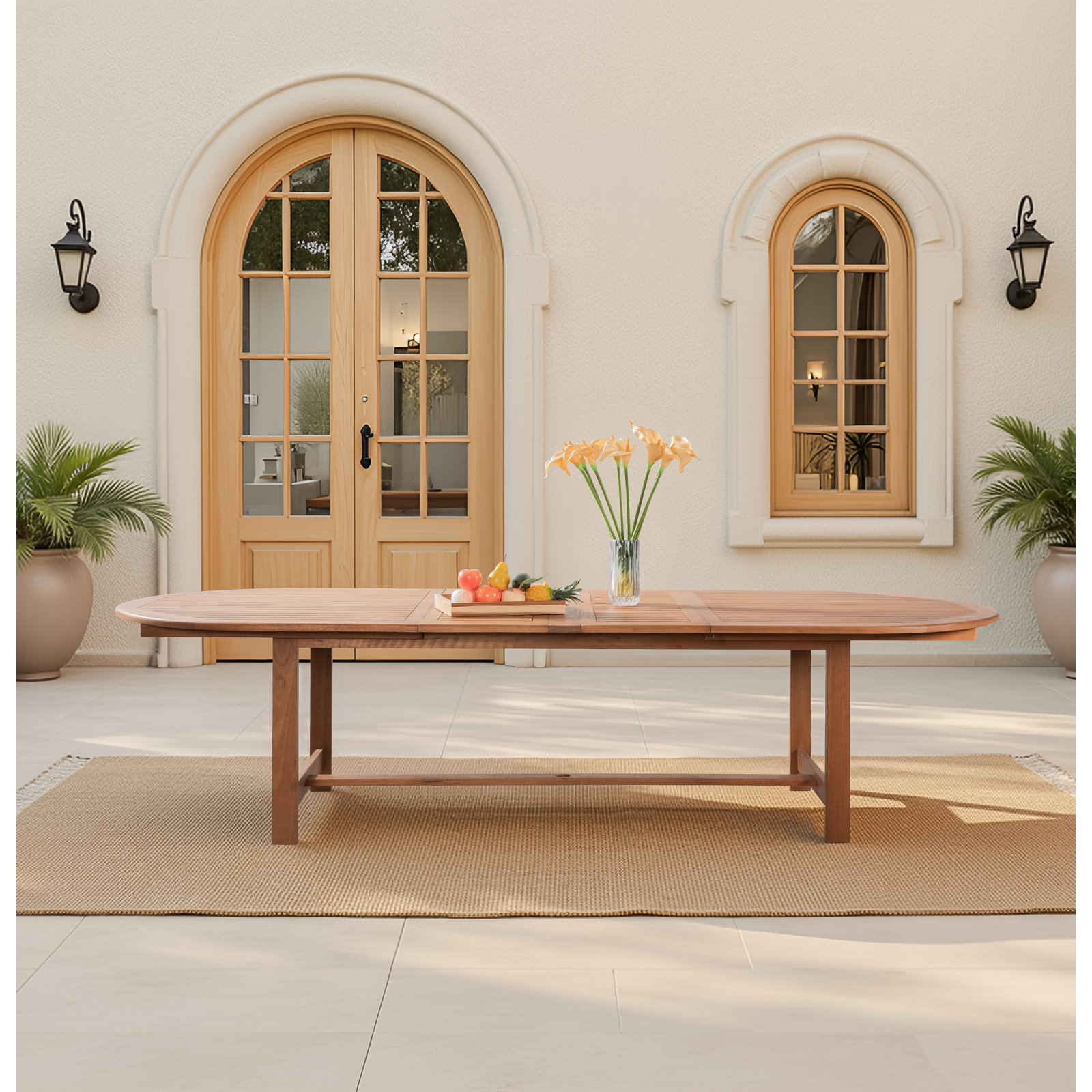 Oval Solid Eucalyptus Extendable Outdoor Dining Table with Umbrella Hole, 118'' in. W 47'' in. D