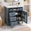 Meuble-lavabo sur pied bleu-gris de 30 po, armoire en composite de bois massif avec lavabo, trois tiroirs et tablettes réglables pour le rangement.