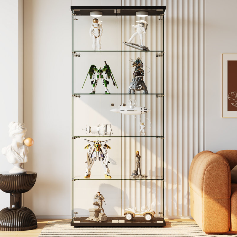 LED-Lit Tempered Glass Display Cabinet with Lockable Doors – 5-Tier Adjustable Shelves, Modern Curio Showcase for Collectibles, Action Figures & Decor, for Living Room, Bedroom or Office