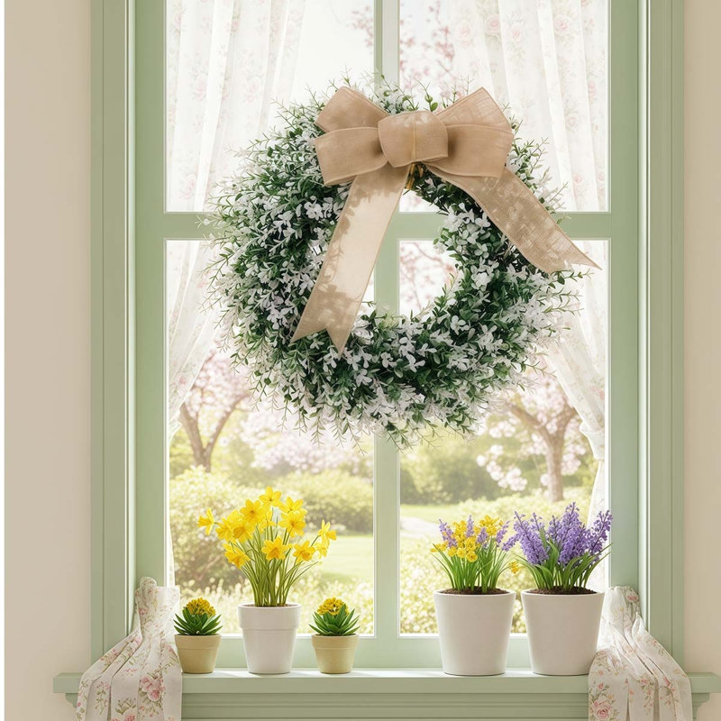 Linen Bow Artificial Green Leaf Plant Wreath, 40cm Front Door Decoration Wreath Pendant-Linen Bow Green Leaf Wreath, Holiday Decorations, Home Decor, Spring Summer Decorations