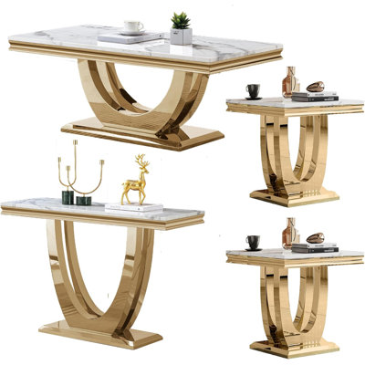 4 Pieces Coffee Table Set, White Faux Marble Coffee Table with 2 Square End Side Tables & 1 Console Table, Modern Living Room Table Set with Double U- by Mercer41