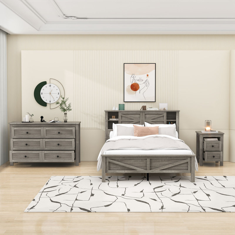 Ensemble de chambre à coucher, lit plateforme, table de chevet et commode avec tiroirs 3 pièces Halldin, Complète