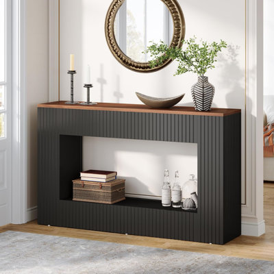 Console cannelée 55 po, table d'entrée étroite 11,8 po avec plateau en noyer et tablette inférieure ouverte, canapé à deux tons derrière le canapé pour les petits espaces (finition noire)