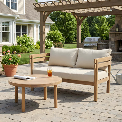 Ensemble de causeuse d'extérieur en bois d'acacia avec coussins hydrofuges et table ronde pour patio
