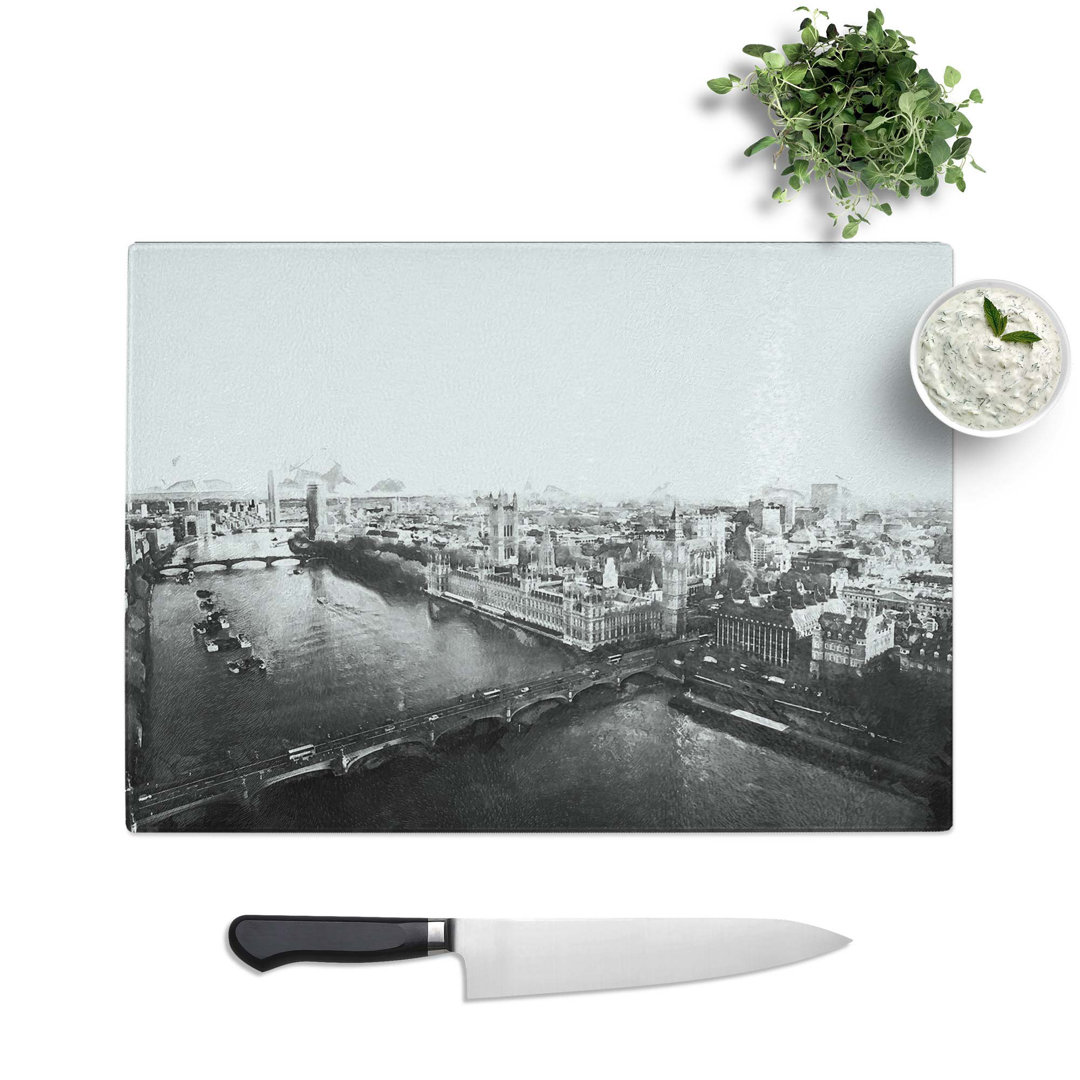 Glass London City Skyline in Abstract Chopping Board