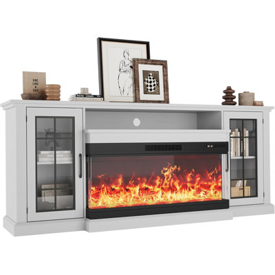 Meuble télé 3 lumières pour foyer électrique en verre - console de 75 po avec foyer de 40 po, 12 couleurs de flamme DEL, télécommande, deux armoires de rangement, tablette ouverte, supporte les téléviseurs jusqu'à 85 po, centre multimédia moderne pour le salon, blanc