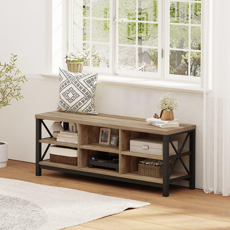 47.24" Industrial Rustic Entryway Shoe Bench with Storage, Wood & Metal Hallway Bench with Adjustable Shelves for Living Room & Entryway