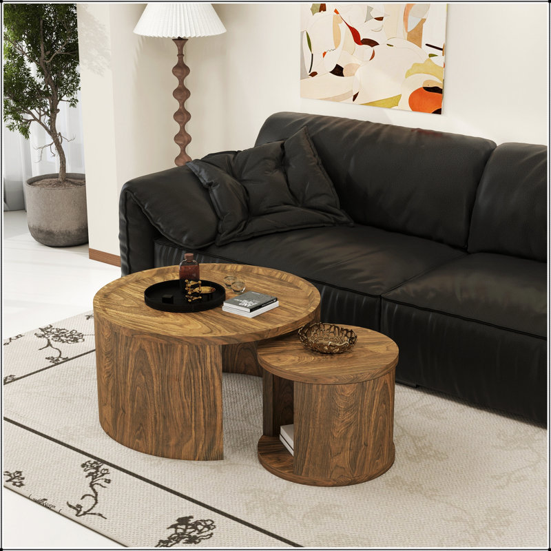 Ensemble de 2 tables basses rondes gigognes avec plateau en bois, conception peu encombrante pour les salons modernes et les petits espaces