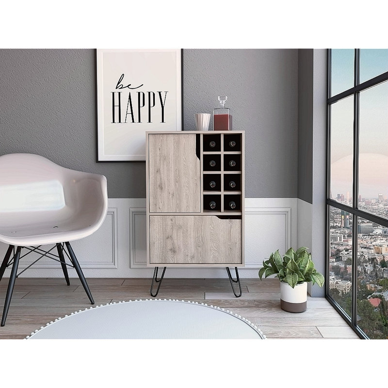 Armoire à porte simple en L, huit porte-bouteilles encastrés, quatre pieds