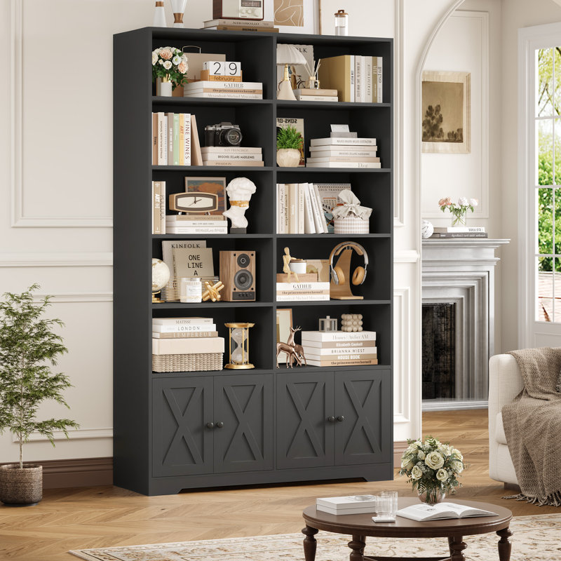 77"h X 47"W 6-tier Standard Bookcase With Door, Farmhouse Display Storage Cabinet For Home Office, Black