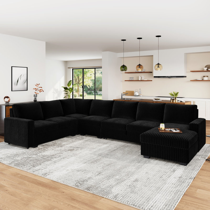 Brunella U-shaped Oversized Sleeper Sofa Storage Corduroy Sectional, Black Corduroy