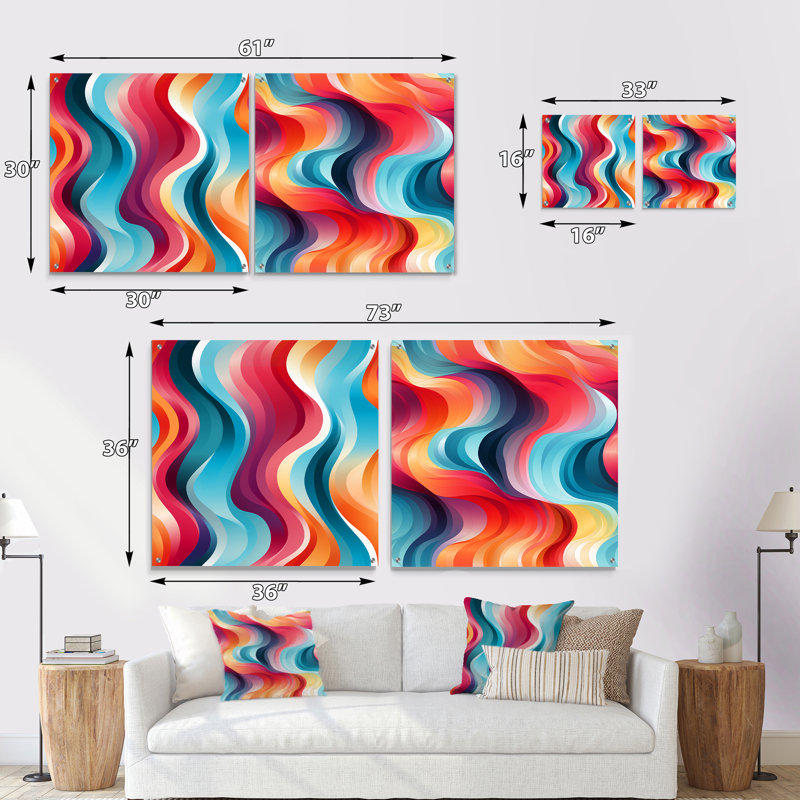 Popart rayé arc-en-ciel I - formes abstraites en acrylique, ensemble d'art sur verre, ensemble de 2, H 36 po x l 73 po