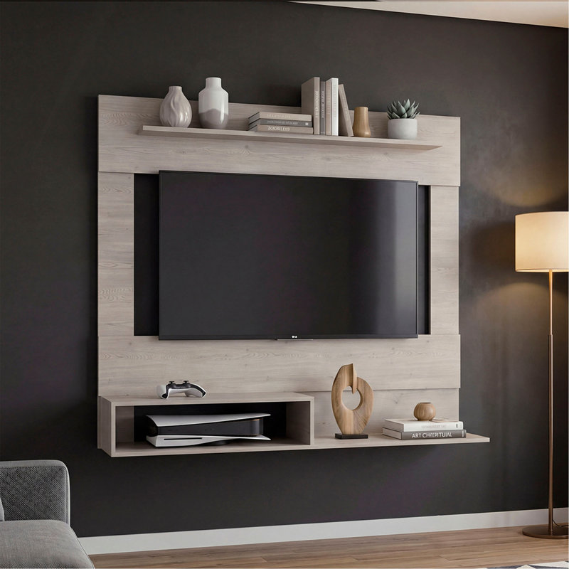 Centre de divertissement 55 po Being Be Floating avec espace télé, une tablette supérieure, deux tablettes de rangement, console multimédia murale pour les petits espaces et l'organisation à domicile