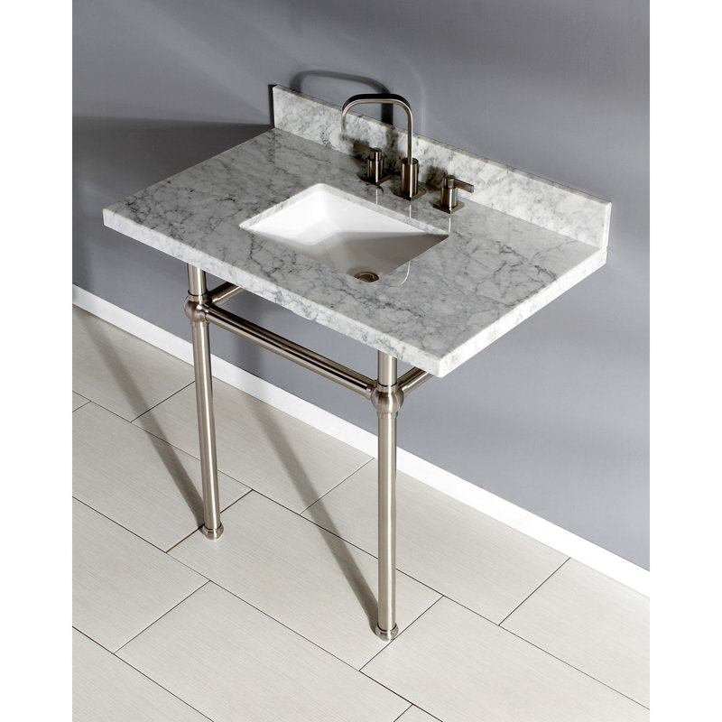 Kingston Brass Templeton 36-Inch Carrara Marble Vanity Top with Brass Legs (8-Inch, 3-Hole), Carrara Marble/Brushed Nickel