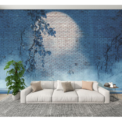 Brick Wallpaper Peel and Stick Cool Blue Grey Fortress Art Moonlight Vines Soft Mist Wall Murals 100"H x 144"W Removable PVC Wall Paper Self-Adhesive Wall Decor for Bedroom Living Room Home Office