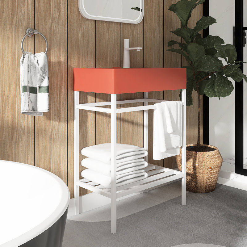 Ensemble de meuble-lavabo autoportant 24 po avec lavabo en céramique 24 po, Rouge, Blanc / Blanc