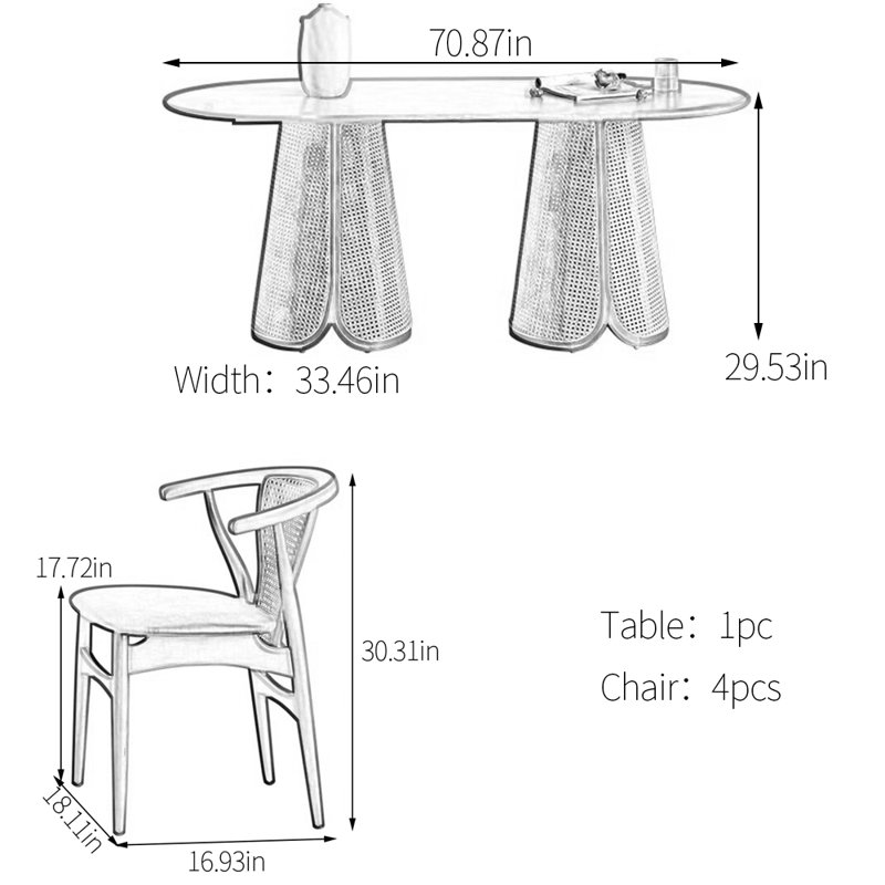 Ensemble de table de salle à manger ovale en rotin cendré, H 29,53 po x L 70,87 po x l 33,46 po