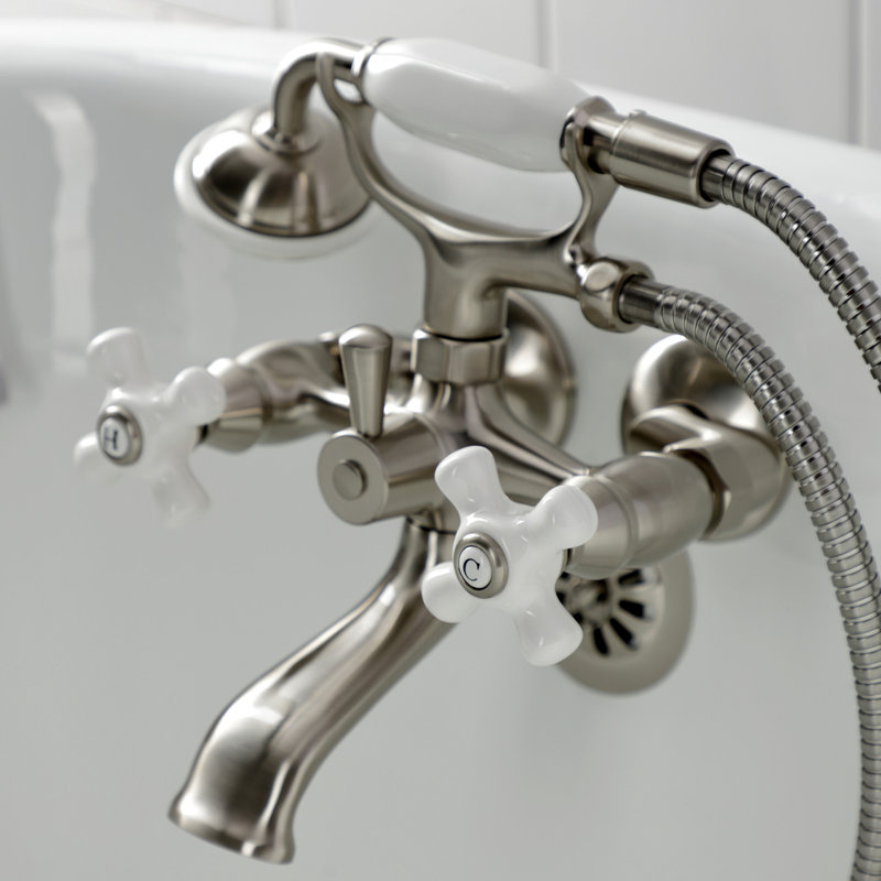 Kingston Brass Kingston Three-Handle 2-Hole Tub Wall Mount Clawfoot Tub Faucet with Hand Shower, Brushed Nickel