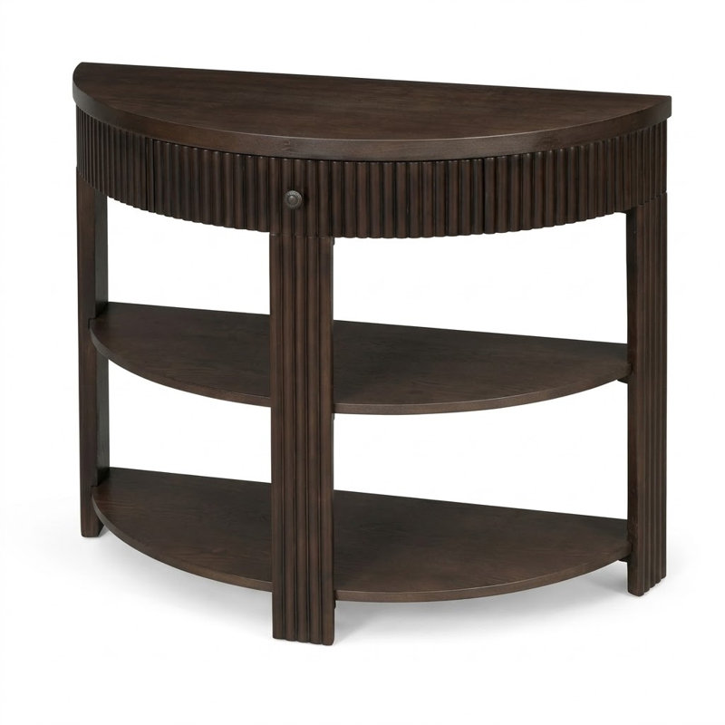 Console demi-lune cannelée de style transitionnel moderne avec tiroir incurvé et 2 tablettes ouvertes pour entrée, salon et couloir.