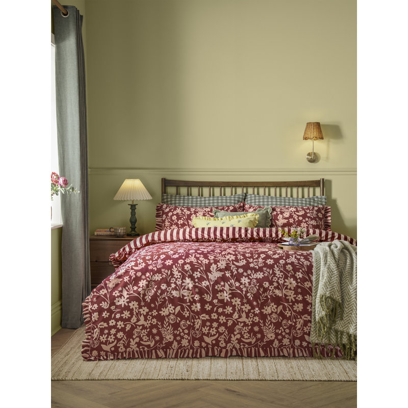 Posie Cotton Blend Duvet Cover Set, Super King Duvet Cover + 2 Standard Pillowcases, Red, Pink Floral, Striped