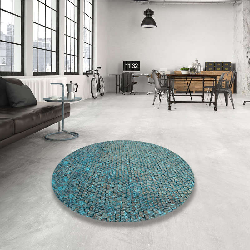 Tapis bleu tissé à la machine, Rond 4 pi