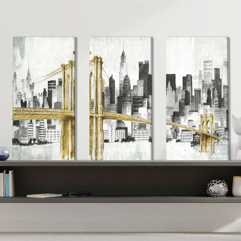 New York Skyline I, pont jaune - ensemble de 3 peintures sur toile tendue, H 24 po x l 36 po x P 0,75 po