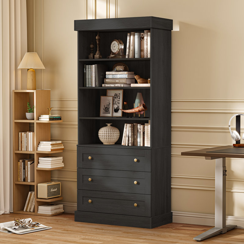 71" H x59'' W Standard Storage Bookcase with 6 Drawers and 8 Open Shelves, Modern Wood Organizer, Black, 2