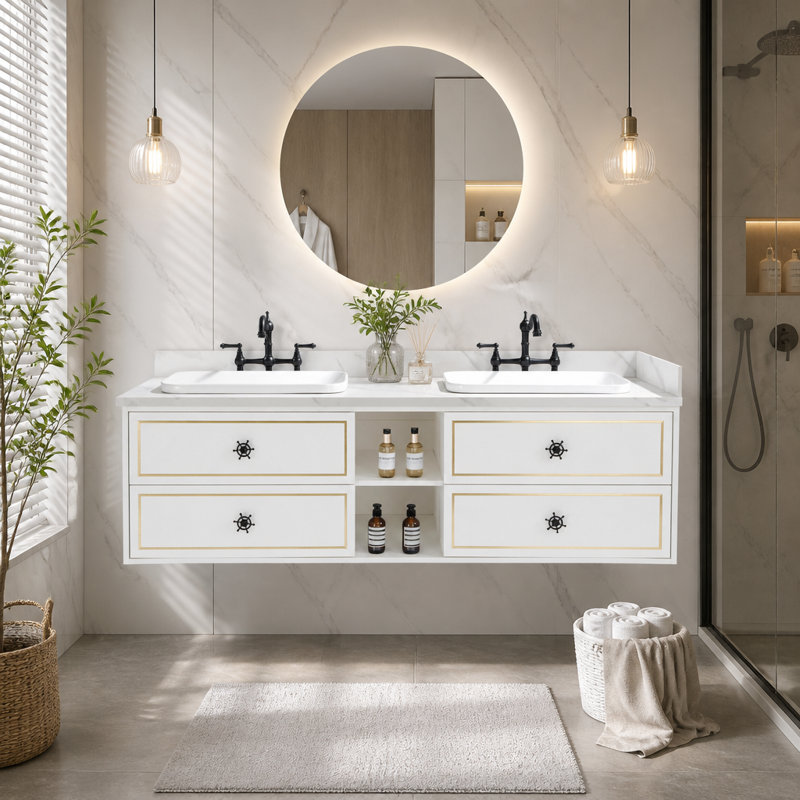 Meuble-lavabo mural de 72 pouces pour lavabo double, meuble seulement (comptoir et lavabos non inclus)