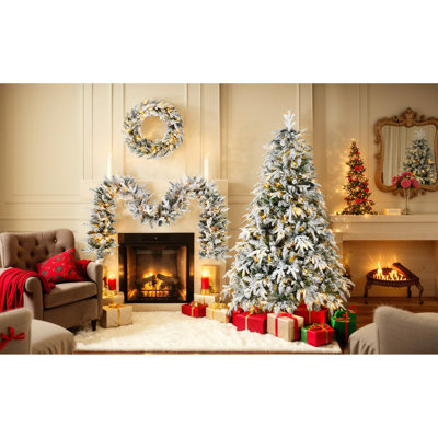 Ensemble de 3 pièces de Noël enneigées enneigées: arbre, avec 370 lumières blanc chaud