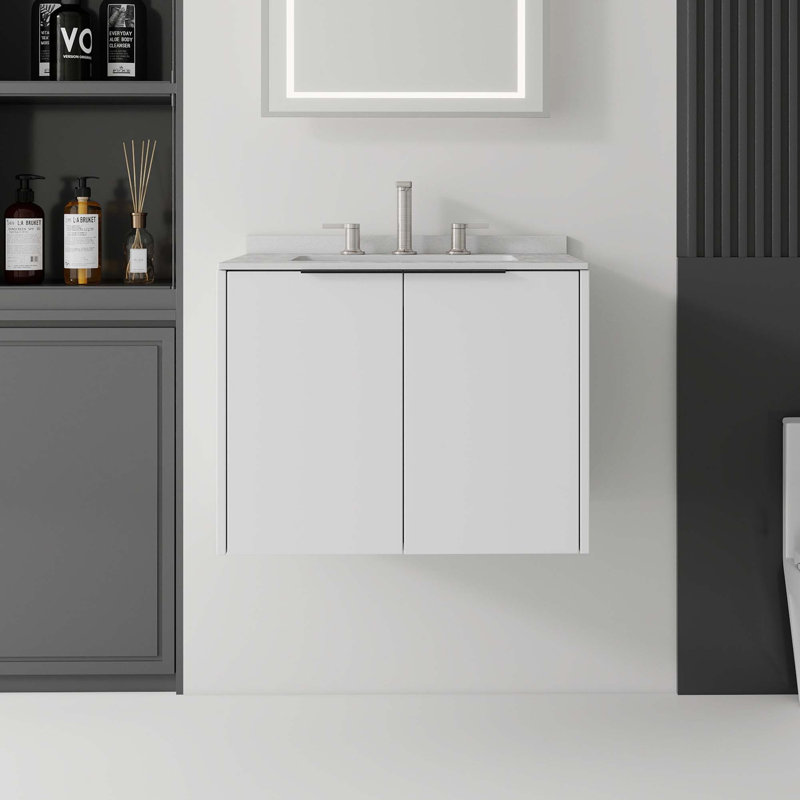Meuble-lavabo suspendu gain de place avec comptoir en marbre reconstitué et lavabo à trop-plein, Blanc