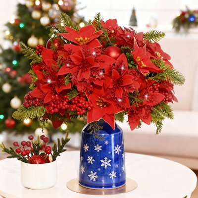 4 Pack Artificial Christmas Poinsettia Flowers - Red Poinsettias With Berry Xmas Bush, Faux Floral Decor For Outdoor/Indoor Home Table Christmas Decorations