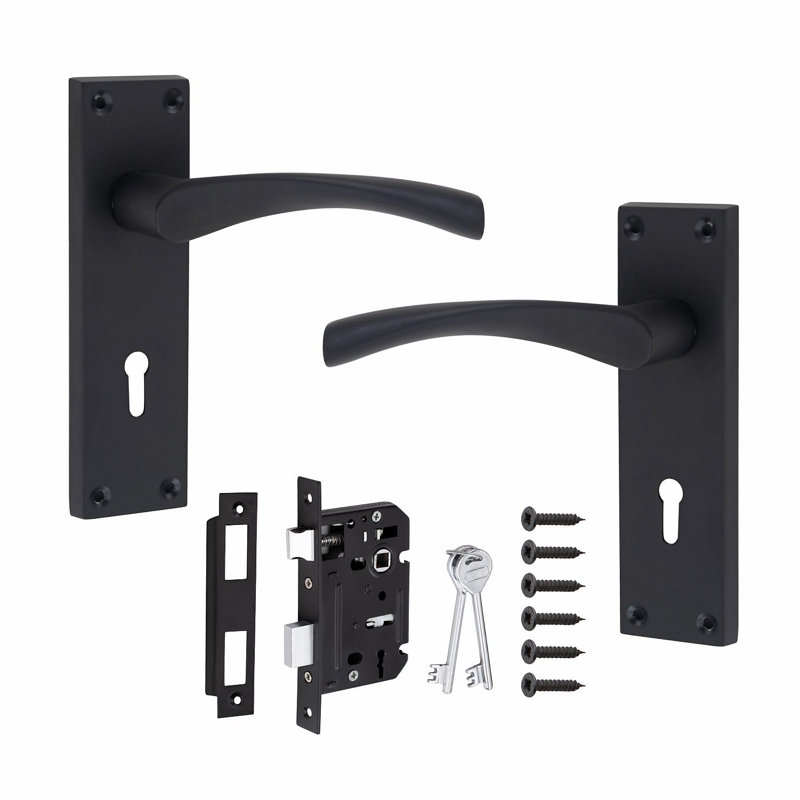  1 Set Victorian Scroll Astrid Door Handles Lever Lock in Matt Black with 64mm 3 Lever Lock - 150mm x 40mm Backplate