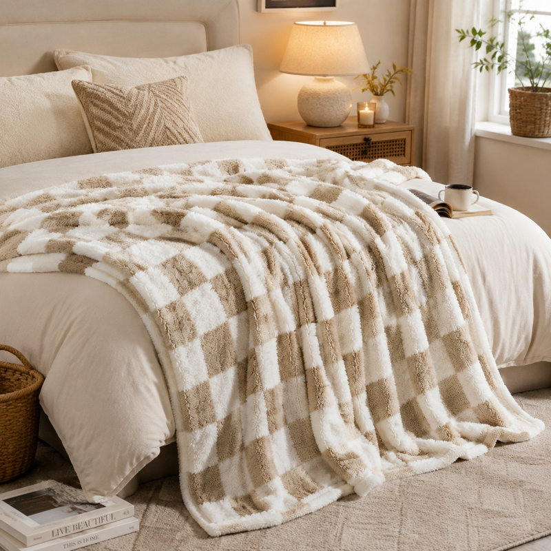 Fall Checkered Faux Fur Throw Blanket for Couch and Bed