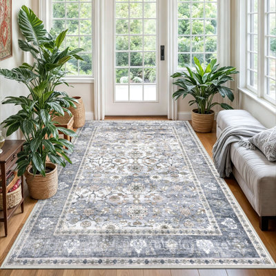 Tapis lavables pour salon Tapis d'intérieur à motif floral rétro avec revêtement antidérapant