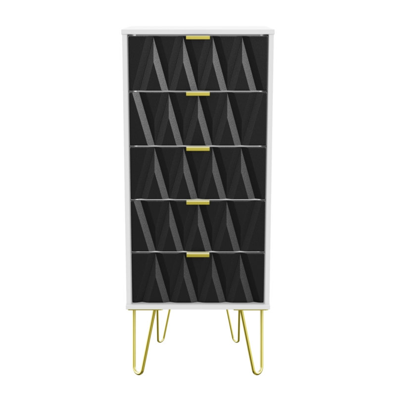 Fully Assembled Diamond 5 Drawer 45Cm W, Deep Black / White