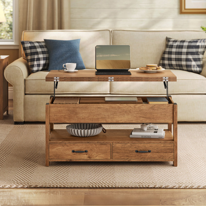 Table basse à plateau relevable de 39,4 po avec rangement caché et tiroirs, Brun