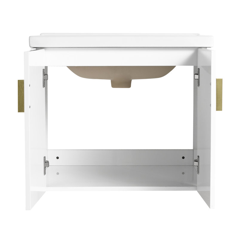 Meuble-lavabo de salle de bain mural de 24 po, blanc brillant, design moderne pour les petites salles de bain fixées au pouce. Salle de bain blanche à 2 portes. Lavabo en céramique. Contreplaqué. 2 poignées en métal doré et noir.