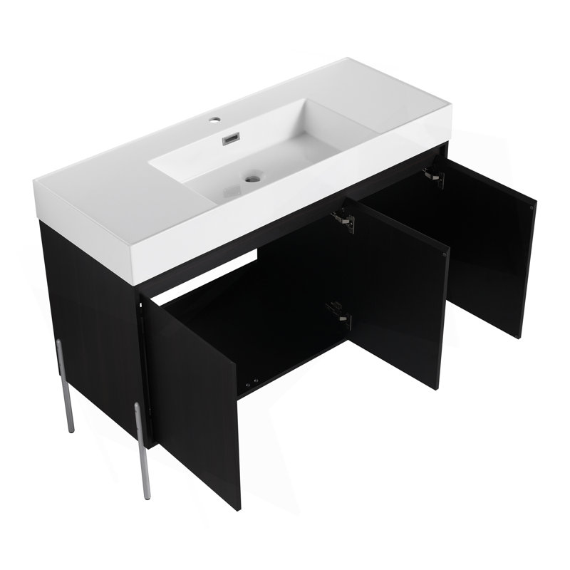 Meuble-lavabo élégant avec lavabo en résine et beaucoup de rangement, idéal pour les salles de bain modernes.